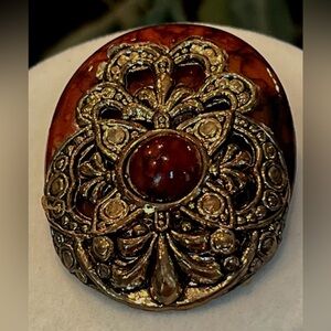 Vintage Ornate Gold Tone and Brown Brooch